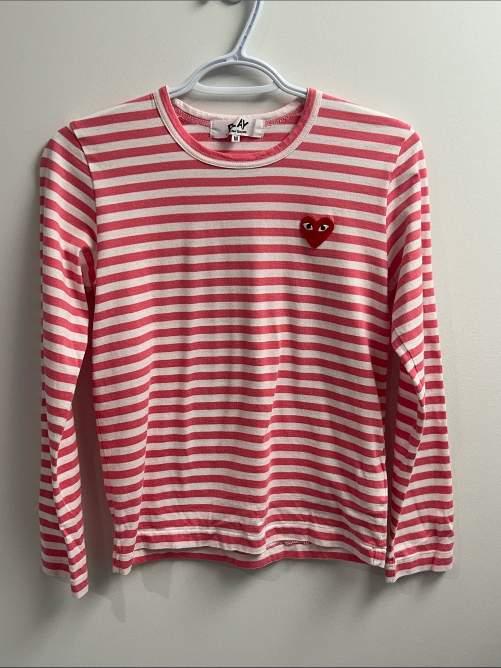 Comme des Garçons Play Pink & White Striped Heart Long Sleeve Tee